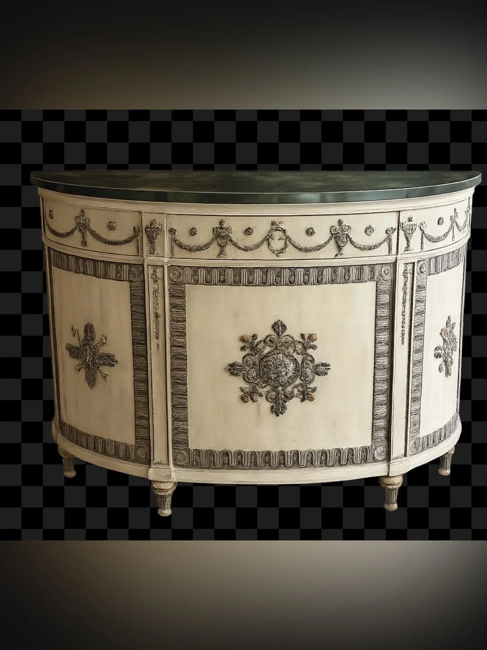 Antique-Style Cream Decorative Demilune Console table, John Widdicomb